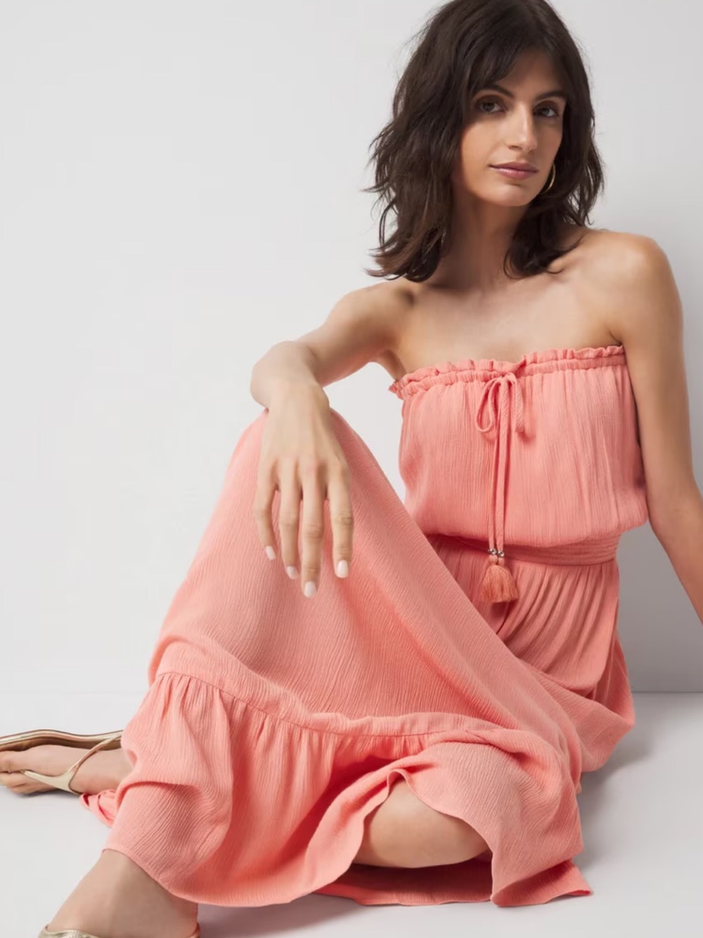 White House Black Market Strapless Coral Maxi Dress & Coverup with Tassel Tie